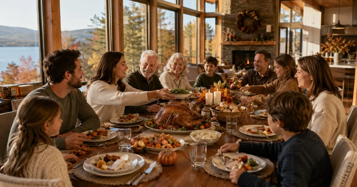 Families sharing a Thanksgiving meal in a vacation home